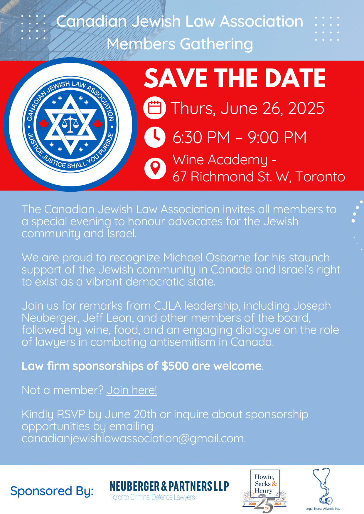 Featured image for “The Canadian Jewish Law Association invites all members to a special evening to honour advocates for the Jewish community and Israel.”