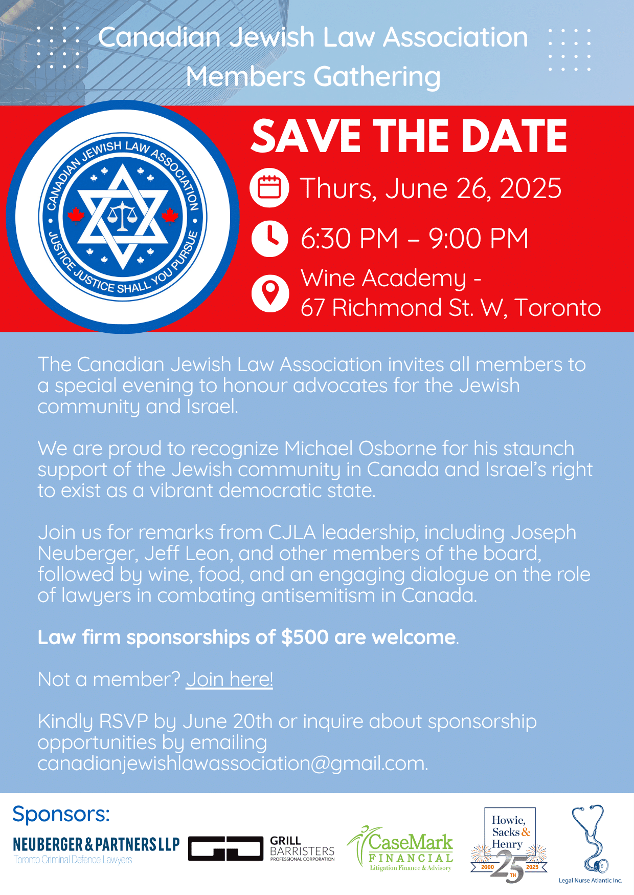 Featured image for “The Canadian Jewish Law Association invites all members to a special evening to honour advocates for the Jewish community and Israel.”