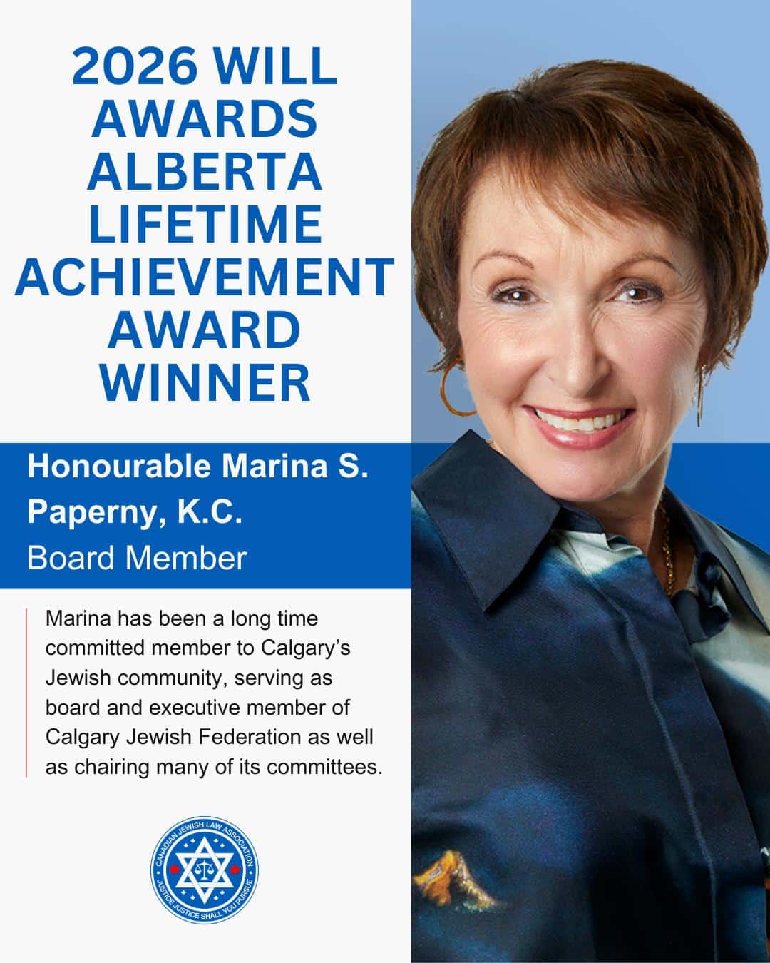 Featured image for “CJLA Congratulates the Honourable Marina Paperny, K.C. on Lifetime Achievement Recognition”