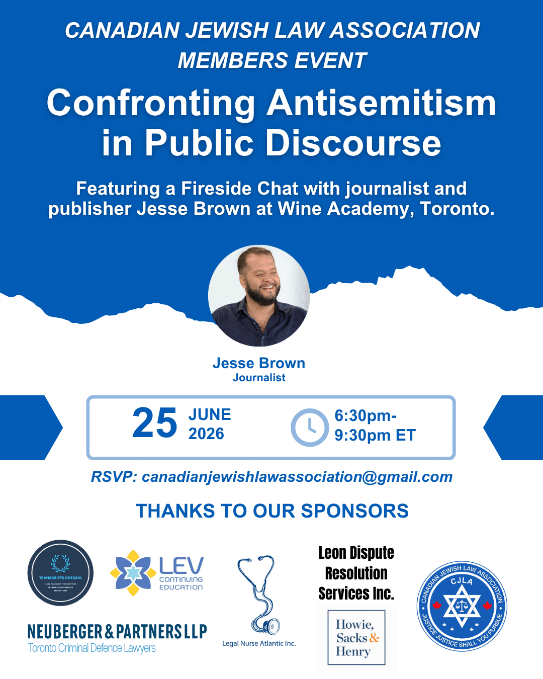 Featured image for “The Canadian Jewish Law Association (CJLA) is pleased to announce a special Members Evening featuring a Fireside Chat with journalist, publisher, and Canadaland founder Jesse Brown.”